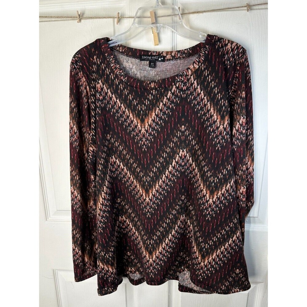 Living Doll Top Women's 2X Long Sleeve Burgundy Chevron Round Neck Everyday Wear